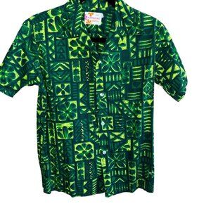 Sears Hawaiian Fashions Men's Vintage Green Tribal Tiki Print Shirt